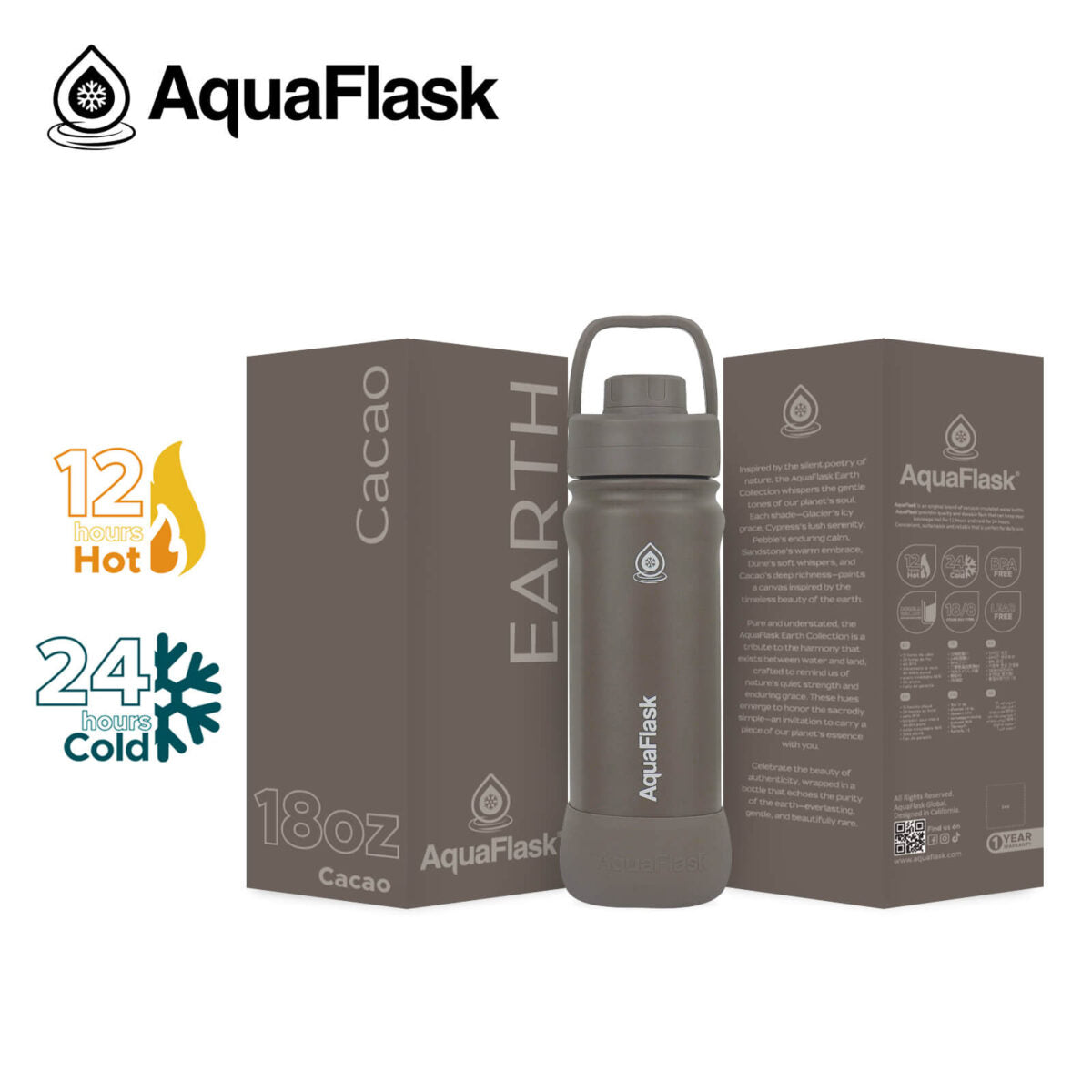 AquaFlask 18oz Insulated Water Bottle – Earth Collection, Stainless Steel, Hot 12H Cold 24H