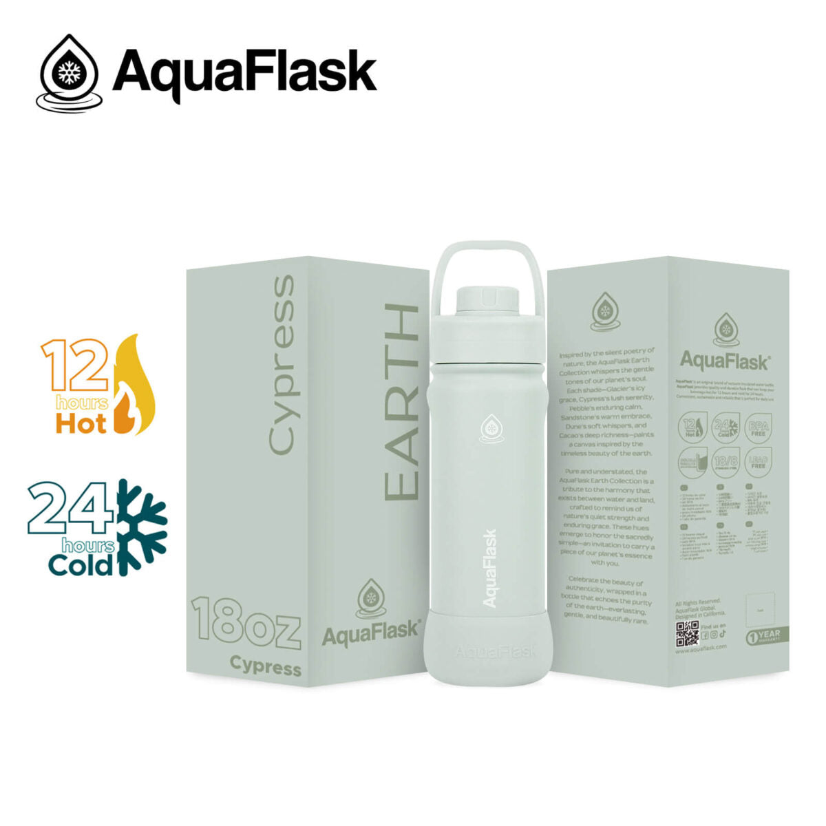 AquaFlask 18oz Insulated Water Bottle – Earth Collection, Stainless Steel, Hot 12H Cold 24H