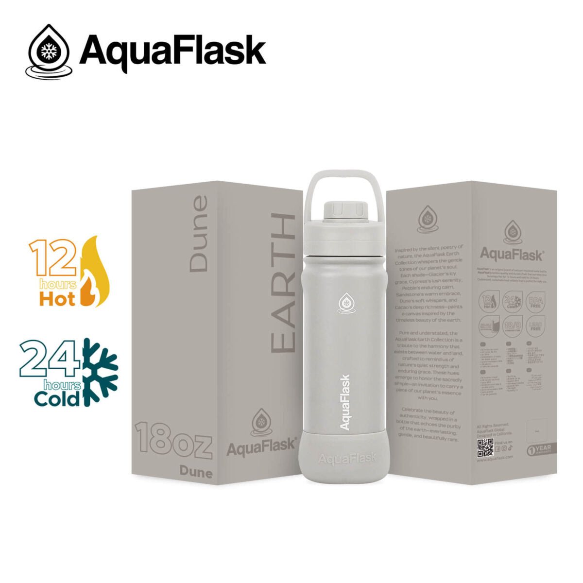 AquaFlask 18oz Insulated Water Bottle – Earth Collection, Stainless Steel, Hot 12H Cold 24H