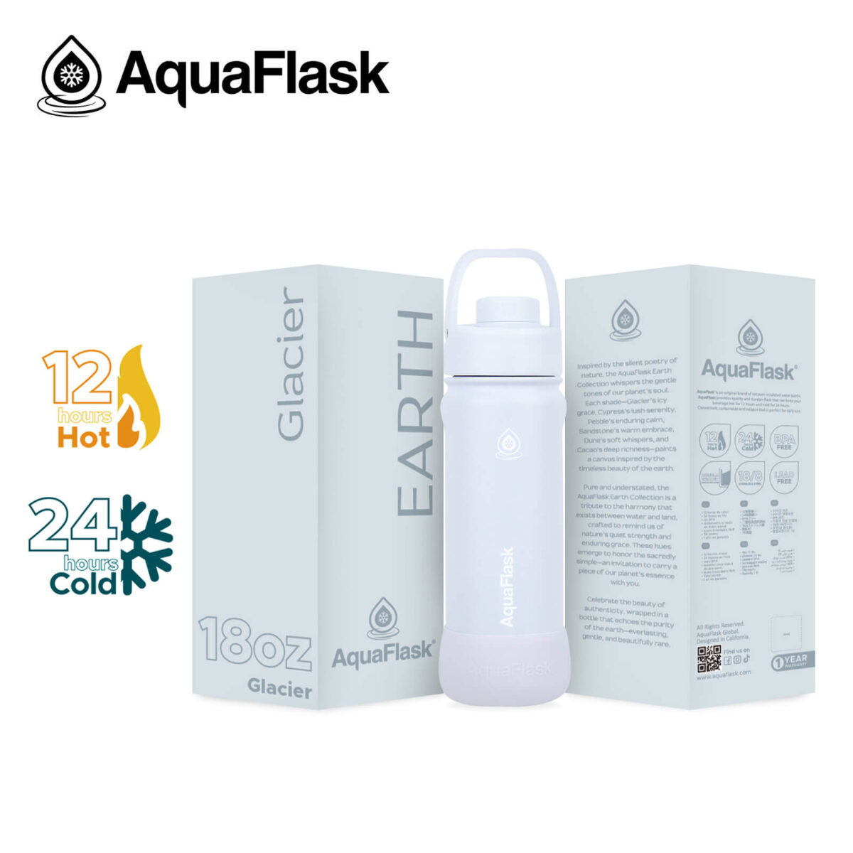 AquaFlask 18oz Insulated Water Bottle – Earth Collection, Stainless Steel, Hot 12H Cold 24H