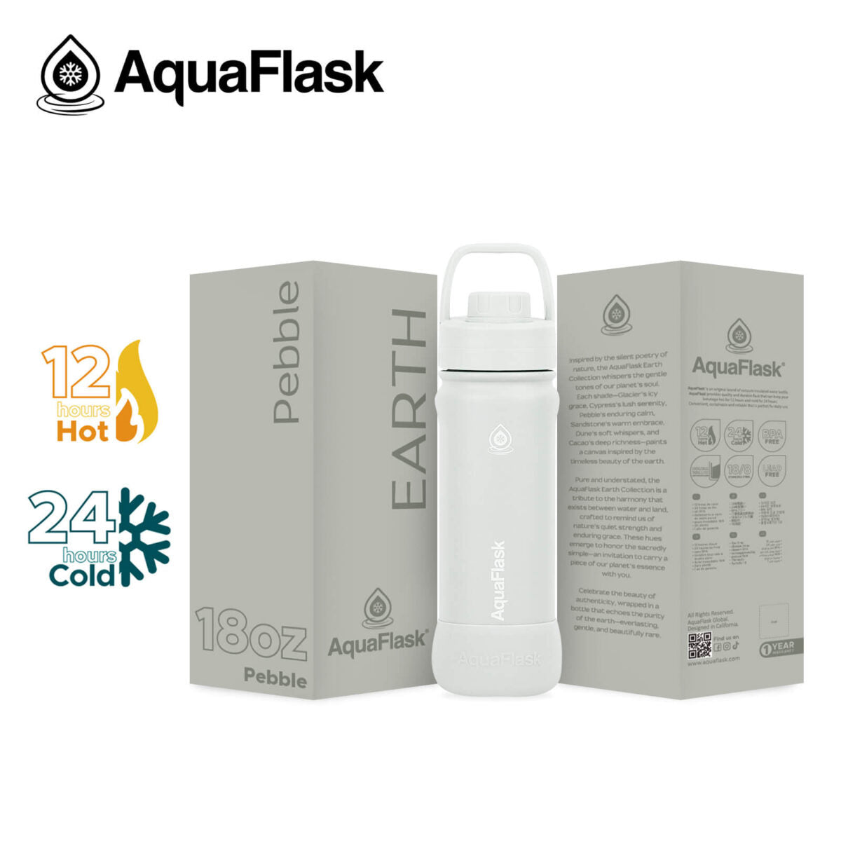 AquaFlask 18oz Insulated Water Bottle – Earth Collection, Stainless Steel, Hot 12H Cold 24H