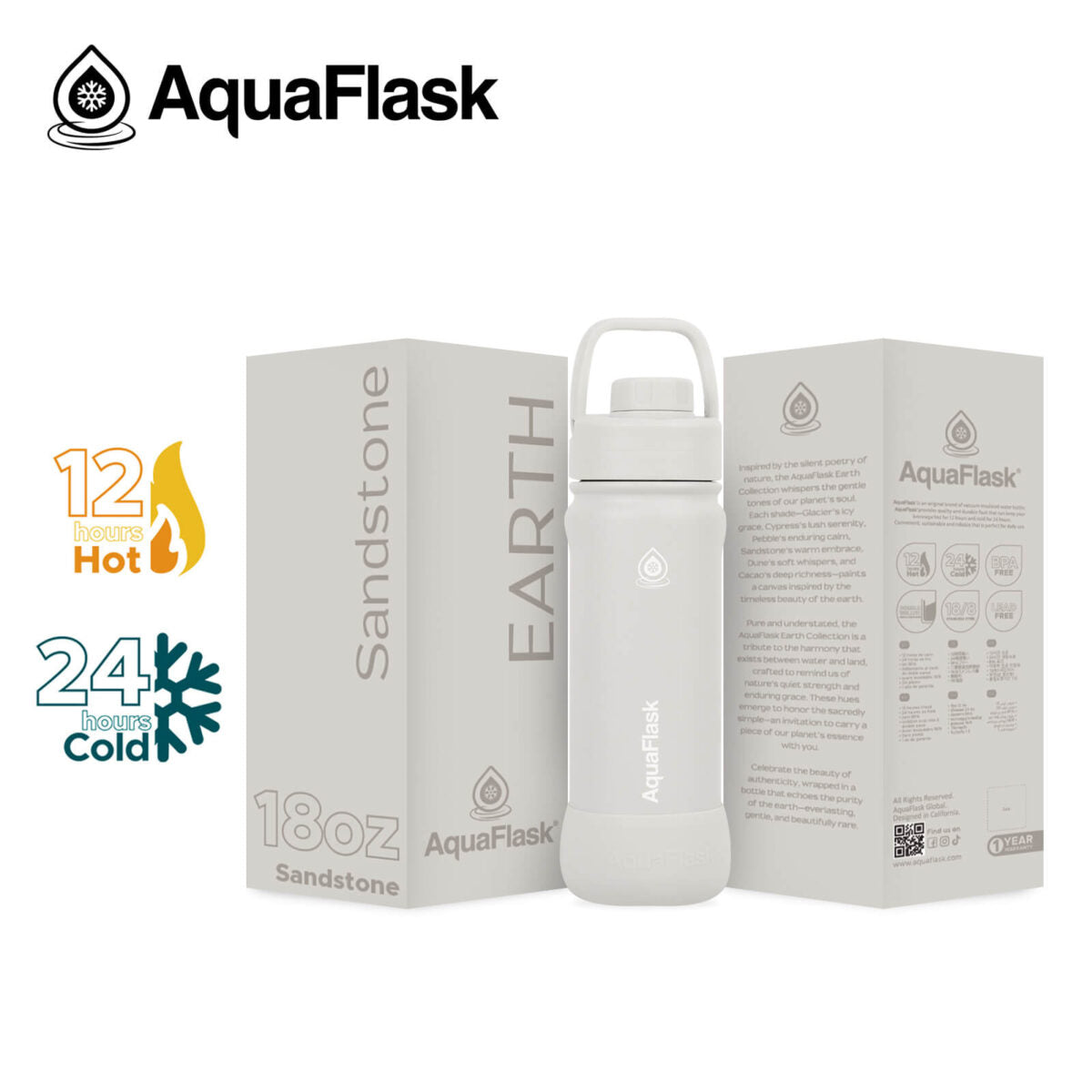 AquaFlask 18oz Insulated Water Bottle – Earth Collection, Stainless Steel, Hot 12H Cold 24H