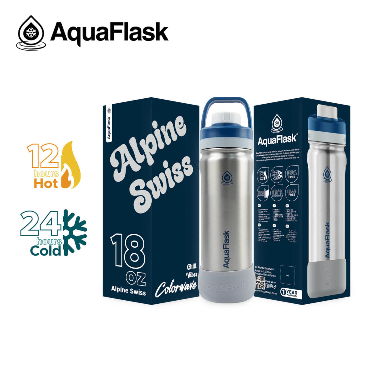 AquaFlask 18oz Insulated Water Bottle – Colorwave Chill Vibes 2025 | 24H Cold & 12H Hot