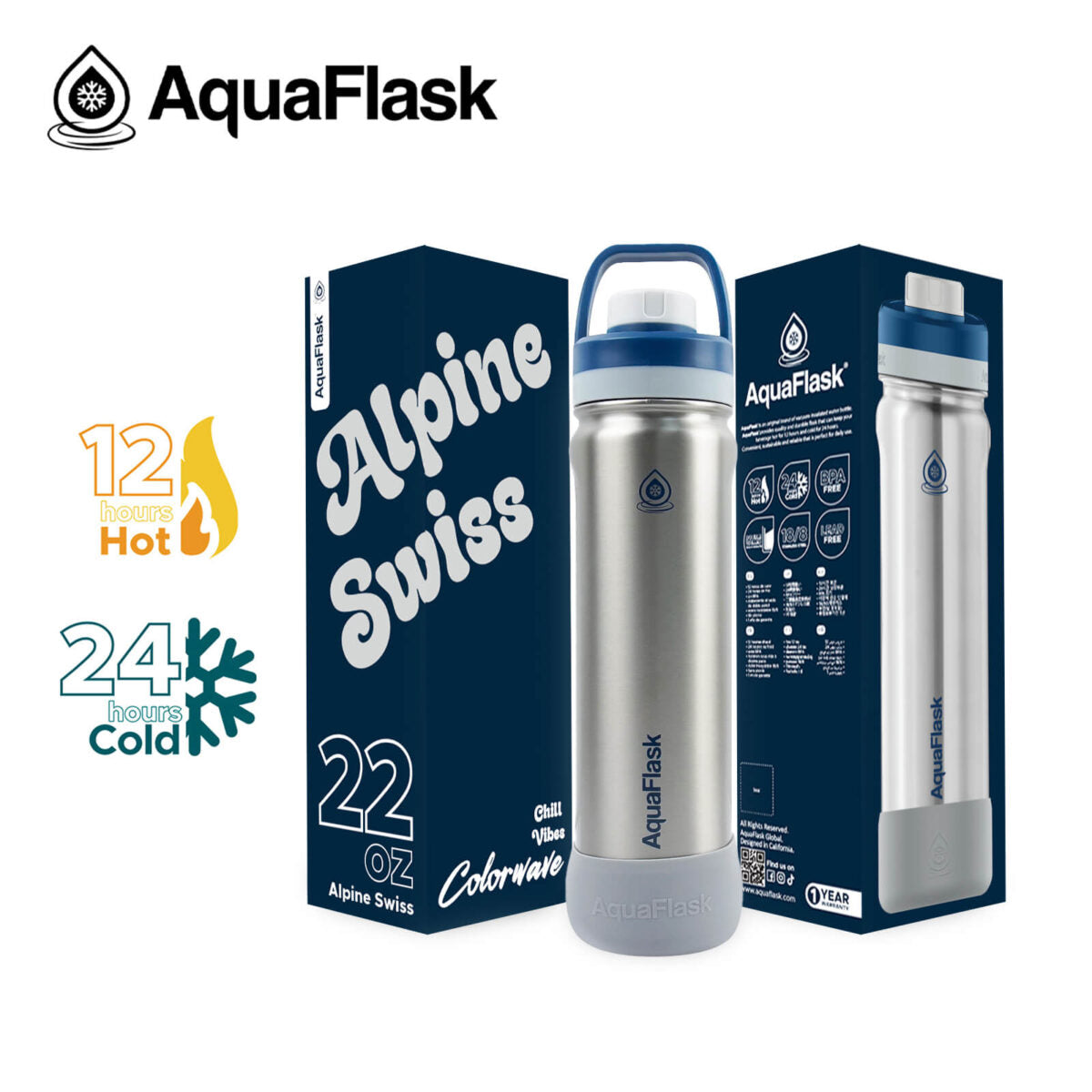 AquaFlask 22oz Insulated Water Bottle – Stainless Steel Thermal Flask | 24H Cold & 12H Hot | Leakproof BPA-Free