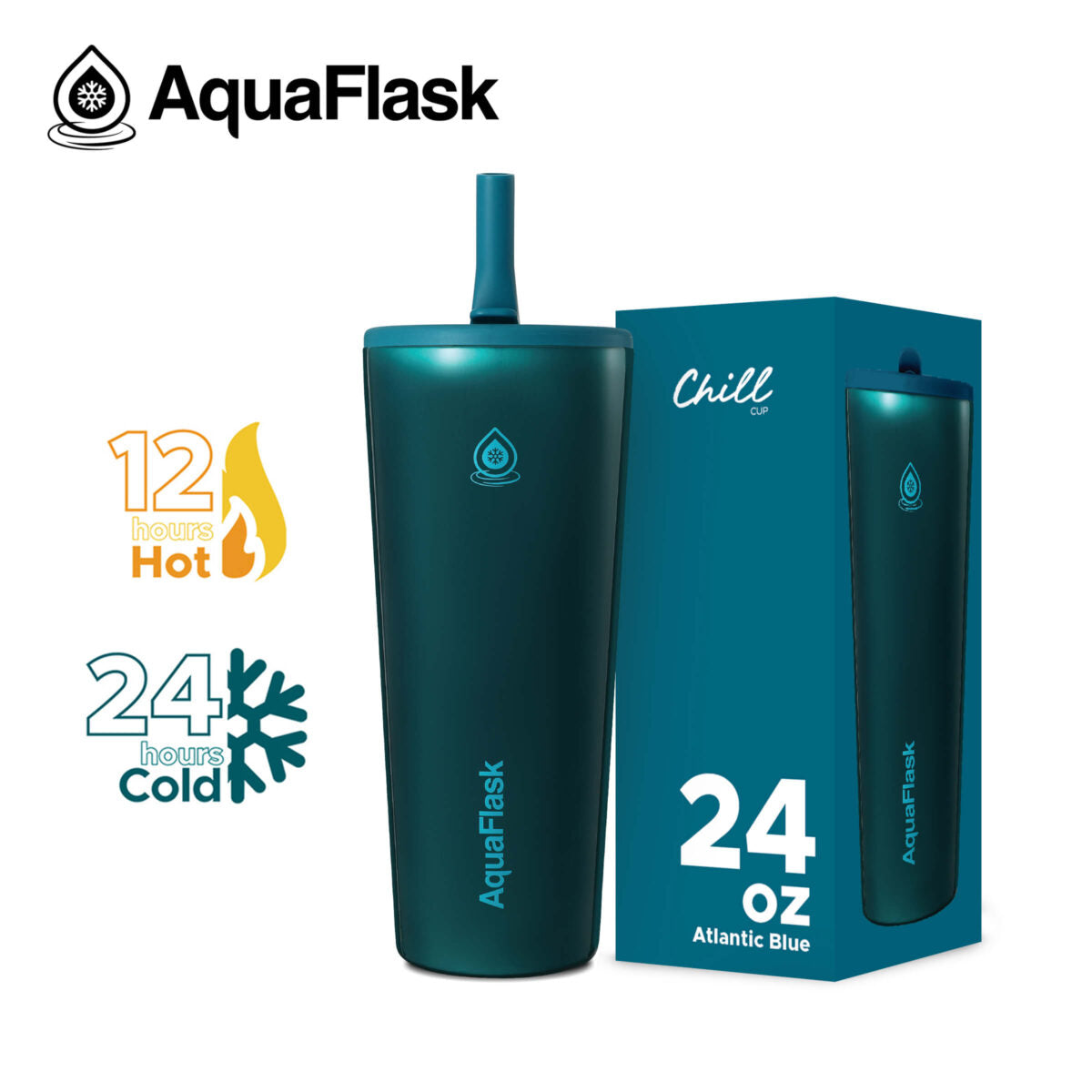 AquaFlask Chill Cup 24oz Insulated Tumbler with Straw – Keeps Drinks Cold 24H & Hot 12H | Leak-Resistant Travel Cup