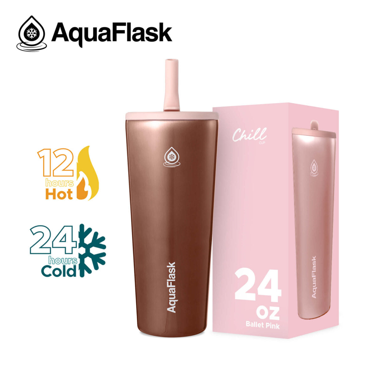 AquaFlask Chill Cup 24oz Insulated Tumbler with Straw – Keeps Drinks Cold 24H & Hot 12H | Leak-Resistant Travel Cup