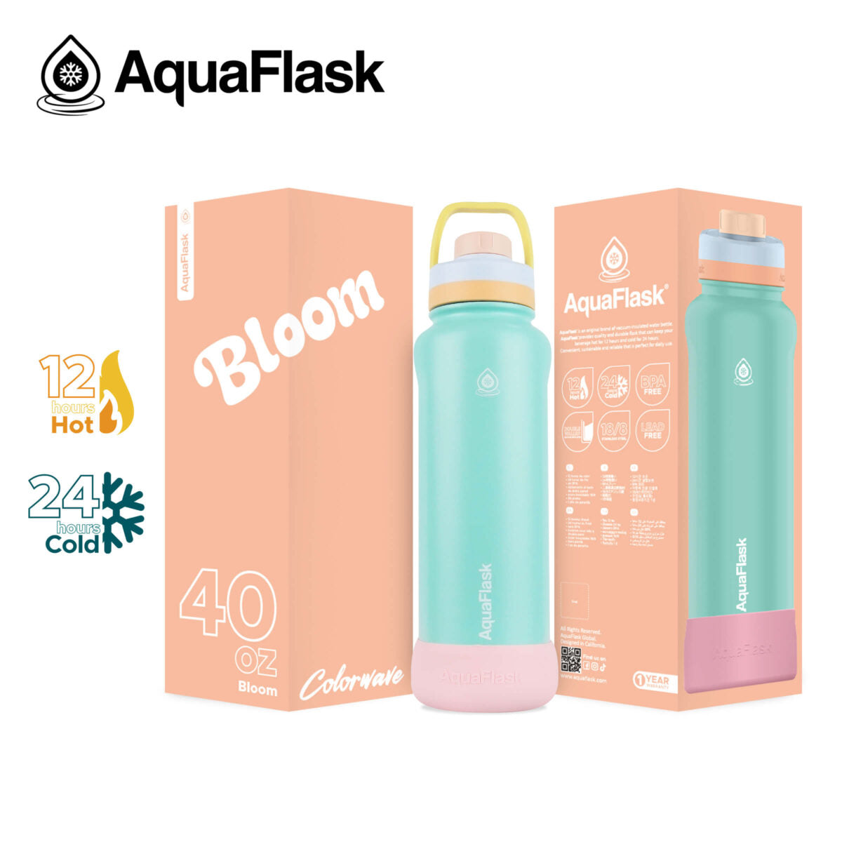 AquaFlask 40oz Insulated Water Bottle – Colorwave Collection | Stainless Steel Hot & Cold Flask