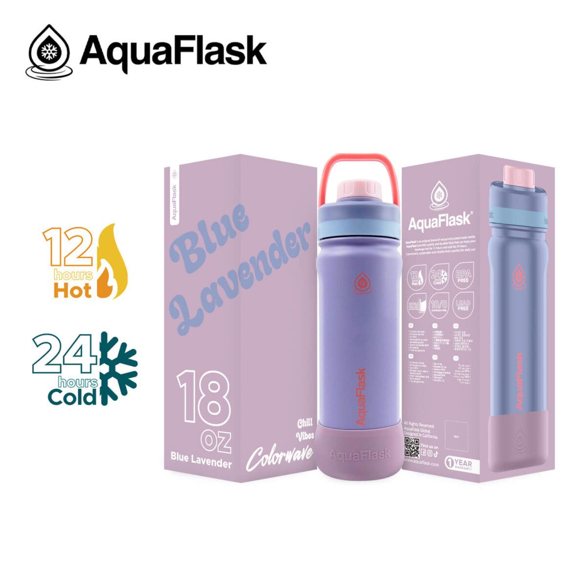 AquaFlask 18oz Insulated Water Bottle – Colorwave Chill Vibes 2025 | 24H Cold & 12H Hot