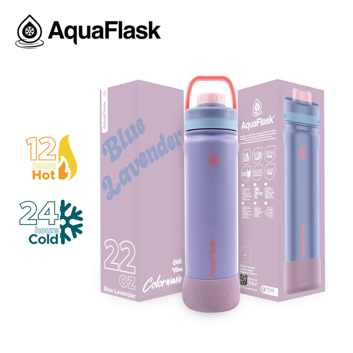 AquaFlask 22oz Insulated Water Bottle – Stainless Steel Thermal Flask | 24H Cold & 12H Hot | Leakproof BPA-Free