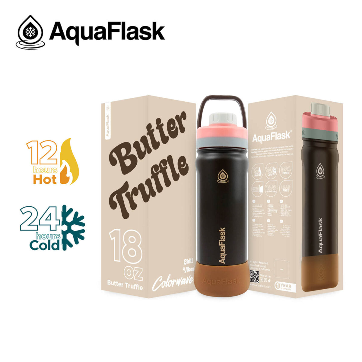 AquaFlask 18oz Insulated Water Bottle – Colorwave Chill Vibes 2025 | 24H Cold & 12H Hot