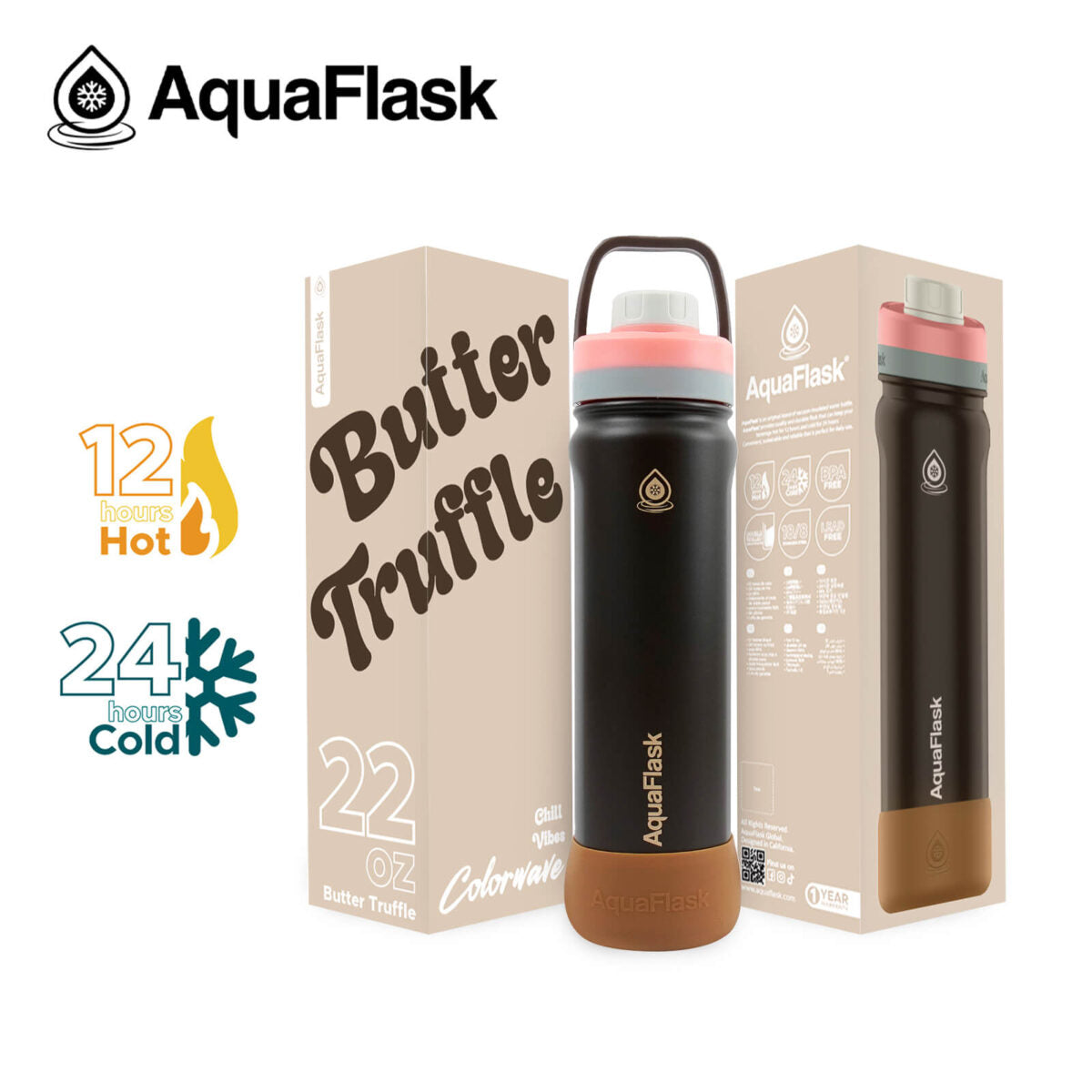 AquaFlask 22oz Insulated Water Bottle – Stainless Steel Thermal Flask | 24H Cold & 12H Hot | Leakproof BPA-Free