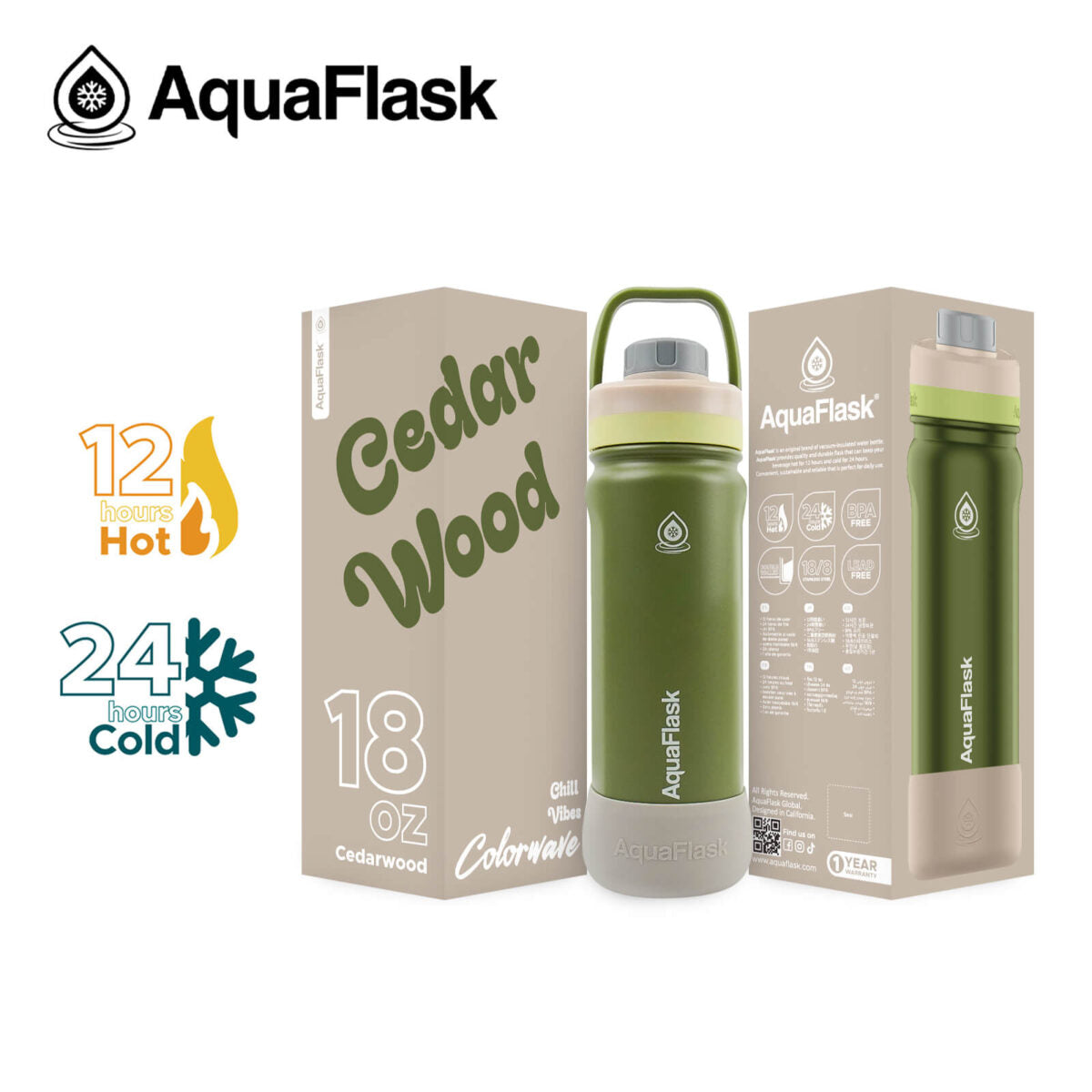 AquaFlask 18oz Insulated Water Bottle – Colorwave Chill Vibes 2025 | 24H Cold & 12H Hot