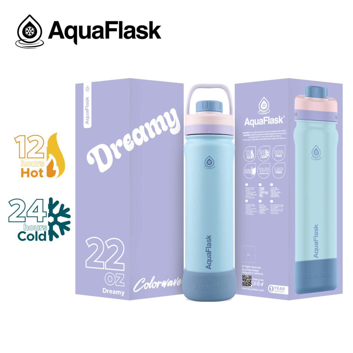 AquaFlask 22oz Insulated Water Bottle – Colorwave Collection | Keeps Drinks Hot 12H & Cold 24H