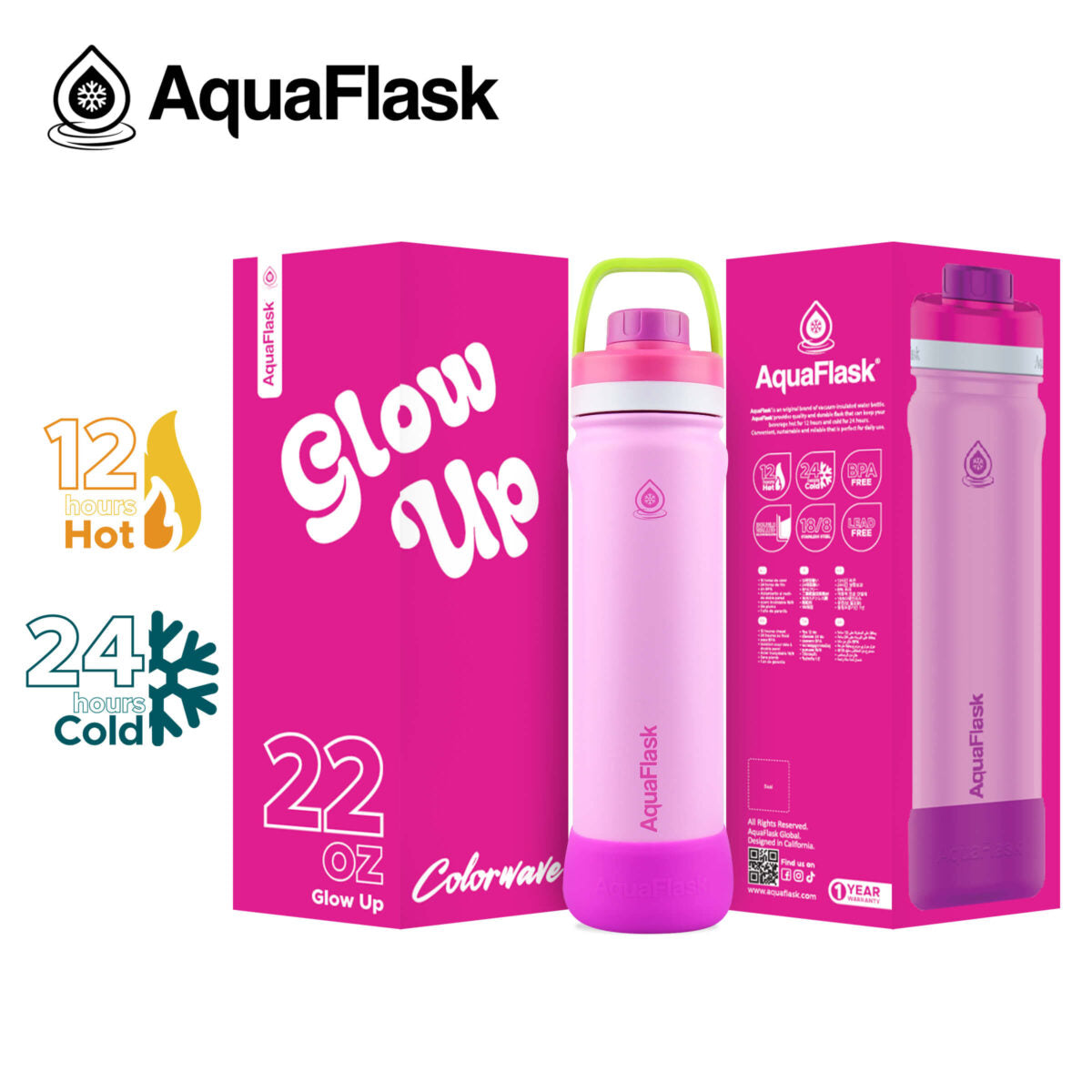 AquaFlask 22oz Insulated Water Bottle – Colorwave Collection | Keeps Drinks Hot 12H & Cold 24H