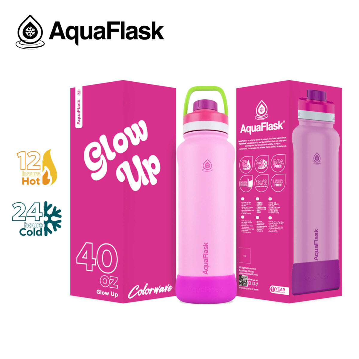 AquaFlask 40oz Insulated Water Bottle – Colorwave Collection | Stainless Steel Hot & Cold Flask
