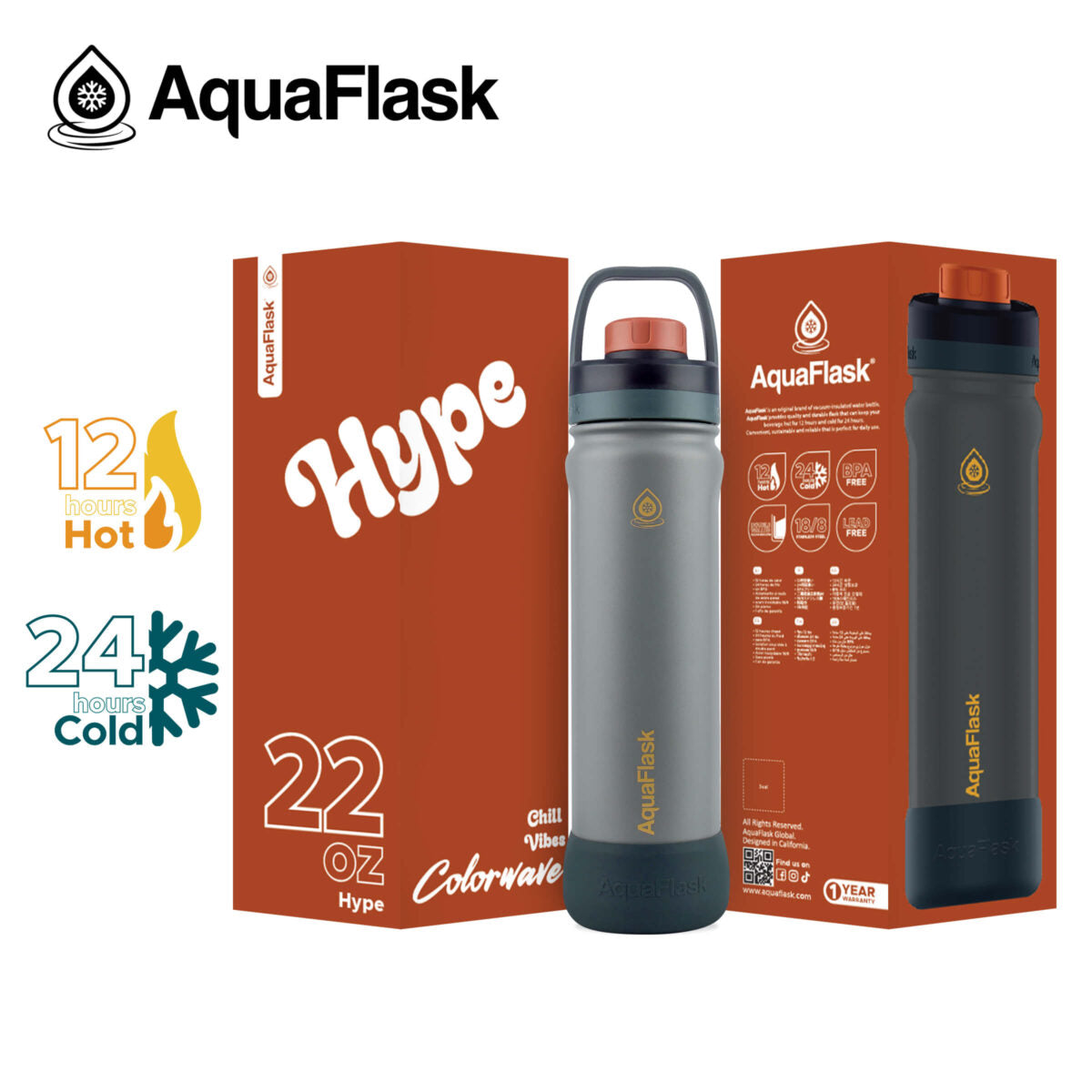 AquaFlask 22oz Insulated Water Bottle – Colorwave Collection | Keeps Drinks Hot 12H & Cold 24H