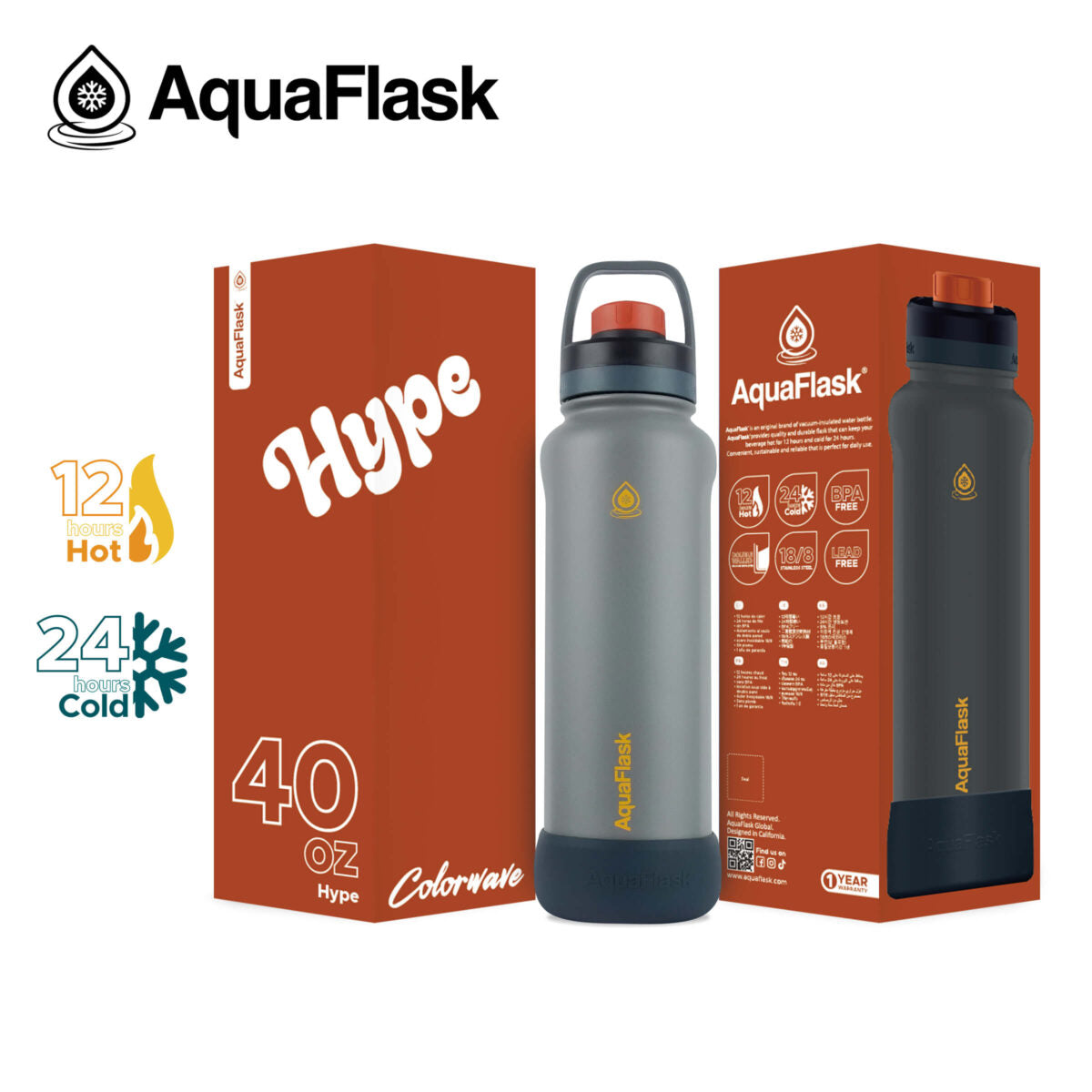 AquaFlask 40oz Insulated Water Bottle – Colorwave Collection | Stainless Steel Hot & Cold Flask
