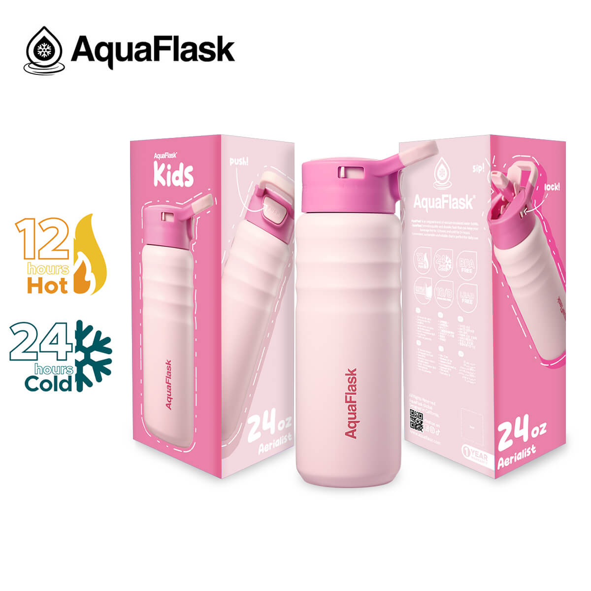 AquaFlask Kids Straw Water Bottle 24oz – Insulated Leakproof Flask for School & Travel