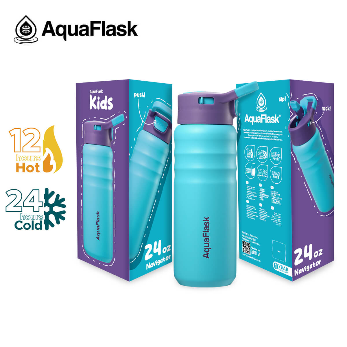 AquaFlask Kids Straw Water Bottle 24oz – Insulated Leakproof Flask for School & Travel