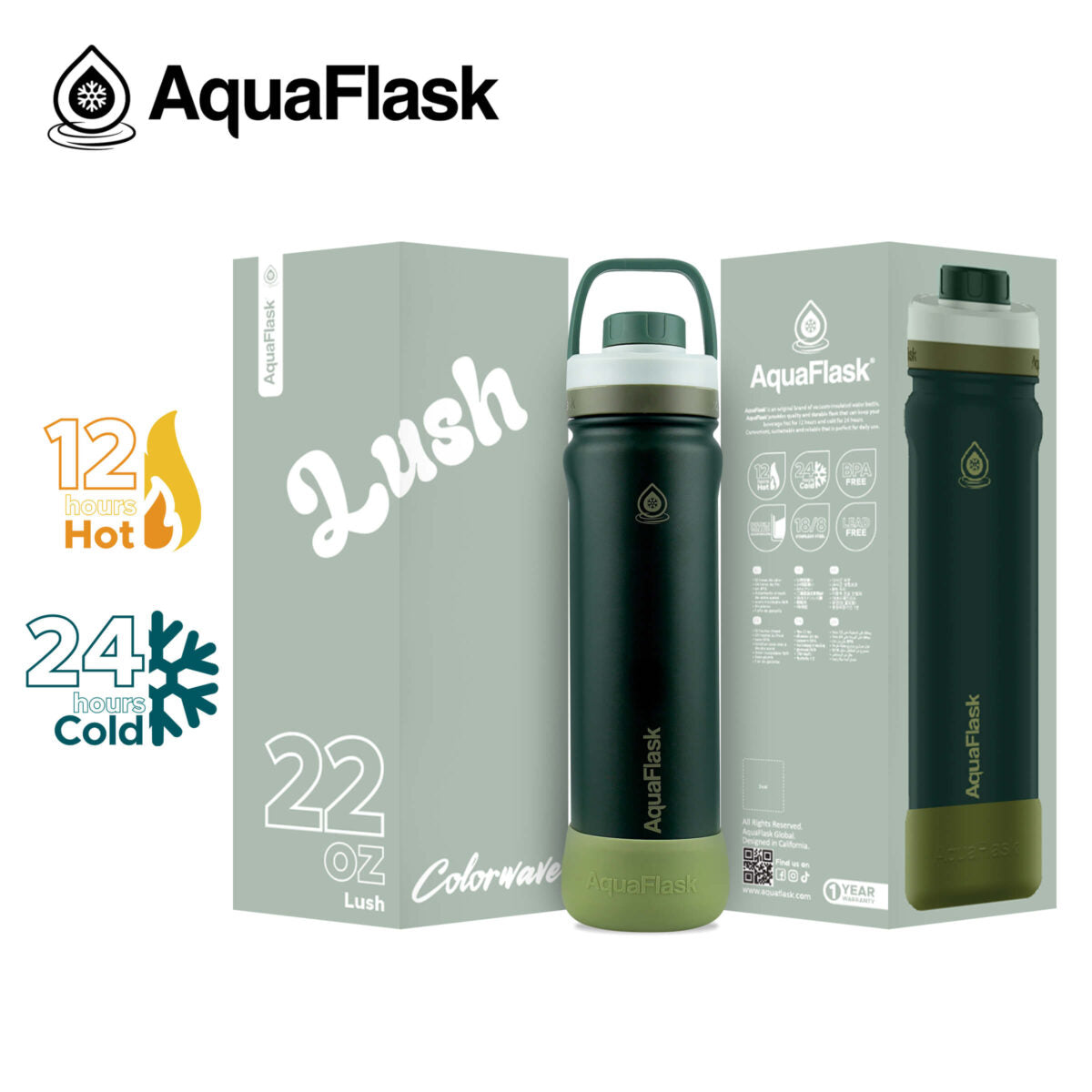 AquaFlask 22oz Insulated Water Bottle – Colorwave Collection | Keeps Drinks Hot 12H & Cold 24H