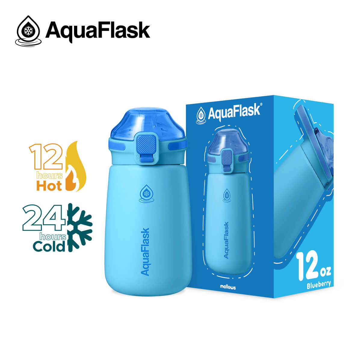 AquaFlask Kids Water Bottle 12oz – Mallows 2025 | Insulated, Leakproof, BPA-Free