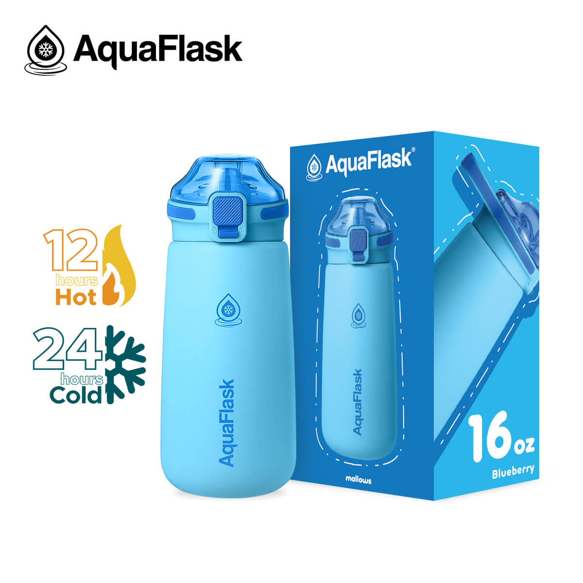 AquaFlask Kids Water Bottle 16oz – Mallows 2025 | Insulated, Leakproof, BPA-Free