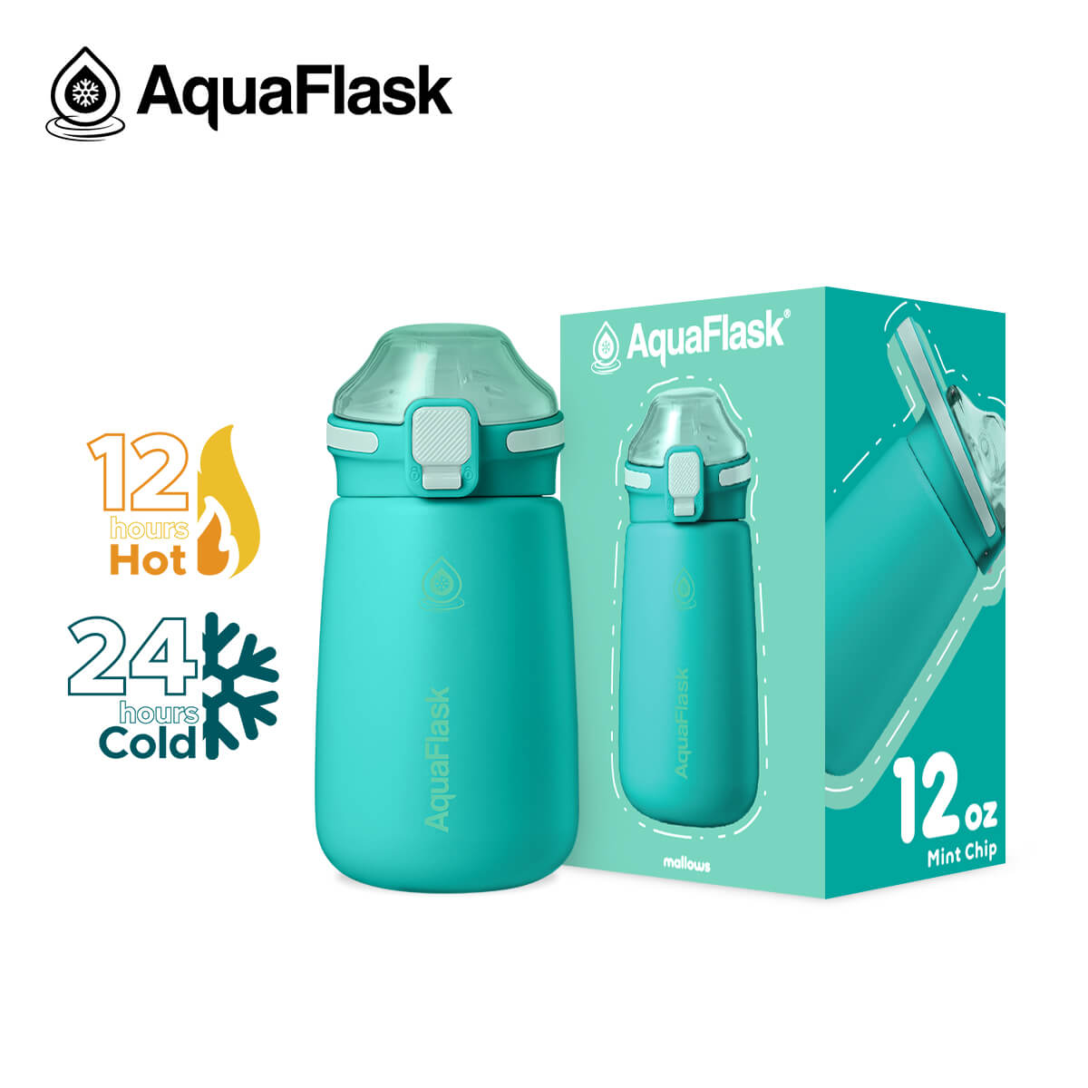 AquaFlask Kids Water Bottle 12oz – Mallows 2025 | Insulated, Leakproof, BPA-Free