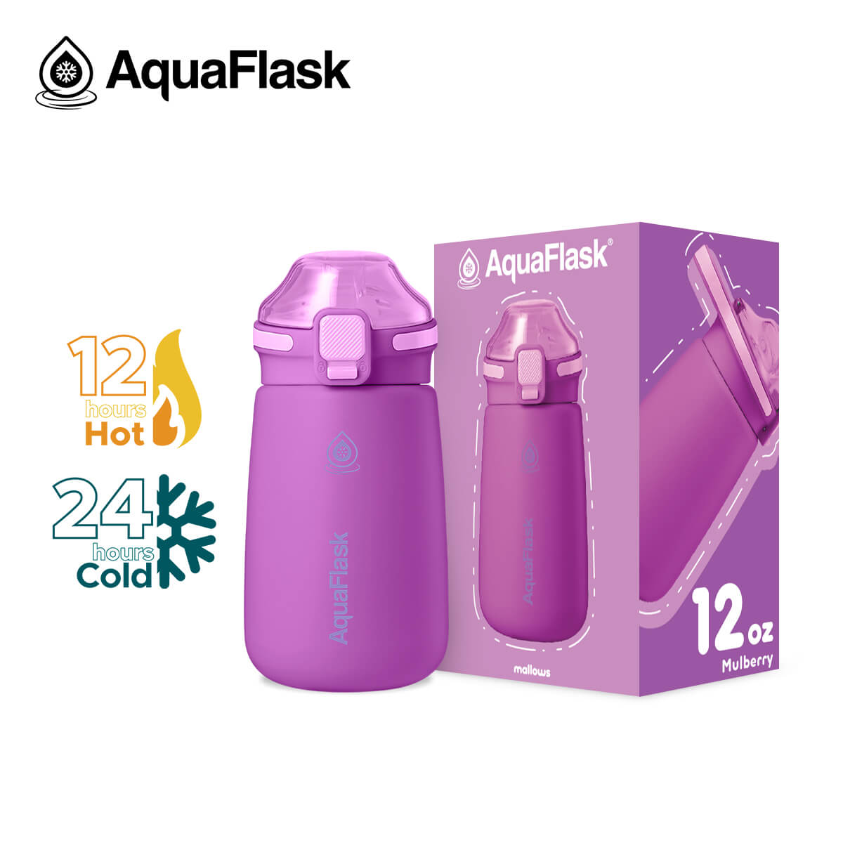 AquaFlask Kids Water Bottle 12oz – Mallows 2025 | Insulated, Leakproof, BPA-Free