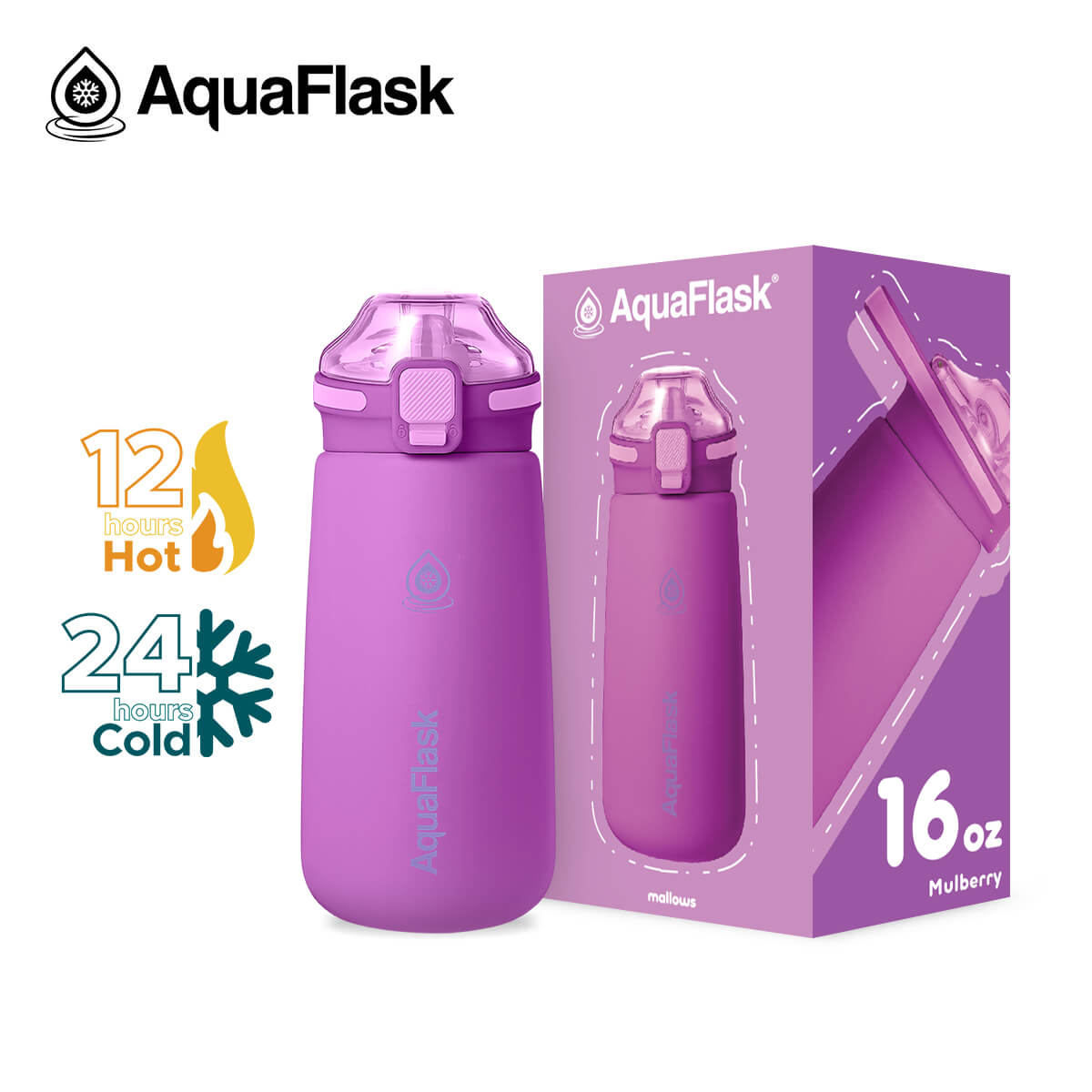AquaFlask Kids Water Bottle 16oz – Mallows 2025 | Insulated, Leakproof, BPA-Free