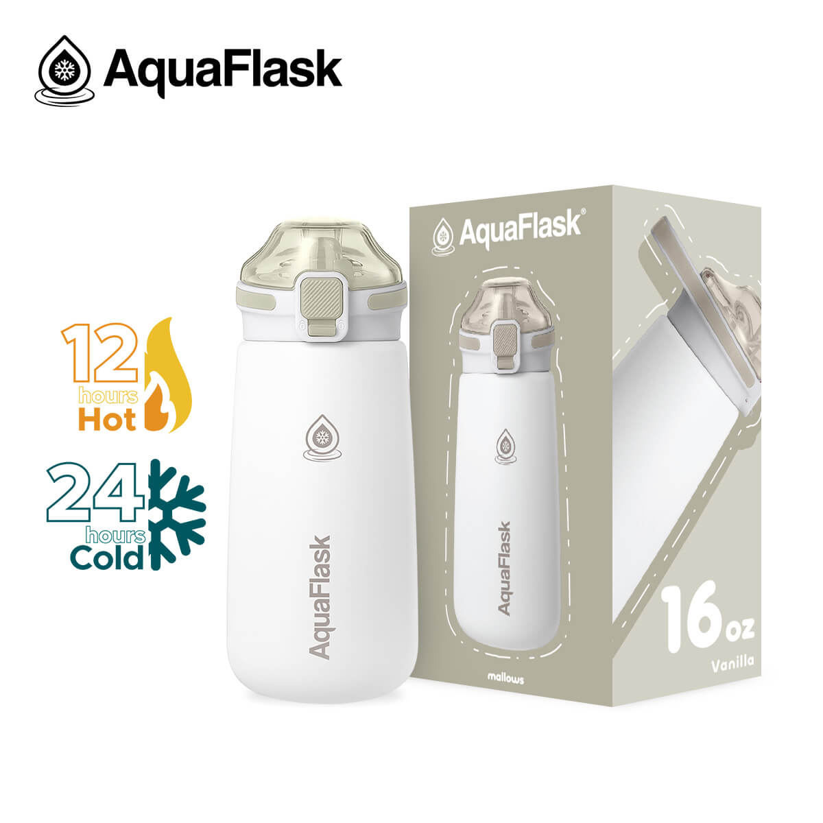 AquaFlask Kids Water Bottle 16oz – Mallows 2025 | Insulated, Leakproof, BPA-Free