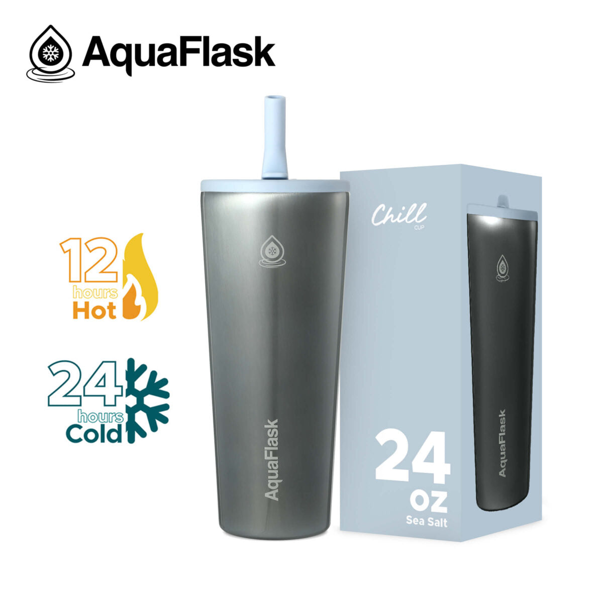 AquaFlask Chill Cup 24oz Insulated Tumbler with Straw – Keeps Drinks Cold 24H & Hot 12H | Leak-Resistant Travel Cup