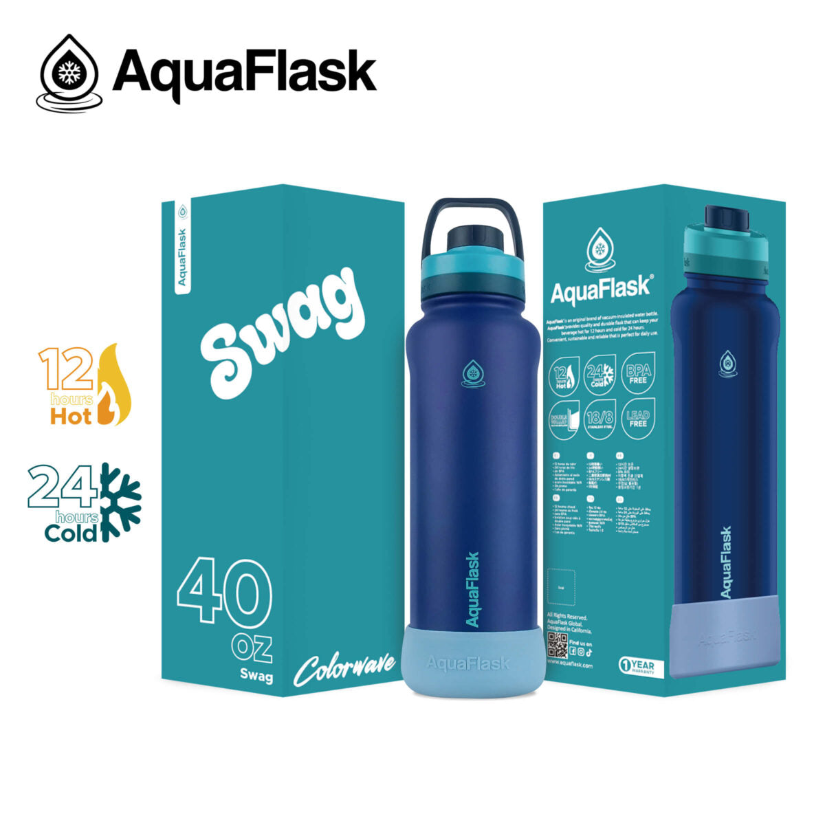 AquaFlask 40oz Insulated Water Bottle – Colorwave Collection | Stainless Steel Hot & Cold Flask